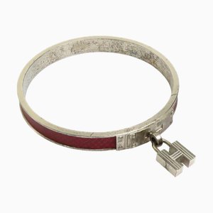 Bangle Bracelet H Cadena Charm Metal/Leather Matte Silver/Dark Red Ladies from Hermes