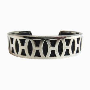 HERMES H logo manchette bracelet noir garnitures en métal argenté bangle accessoires