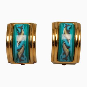 Enamel Cloisonne Dolphin Earrings in Gold from Hermes, Set of 2