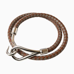 Bracelet jonc HERMES jumbo cuir marron gris argenté garnitures en métal