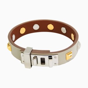 HERMES Mini Dog Clous Carres Leather,Metal Wrap Bracelet Gold,Light Gray,Silver