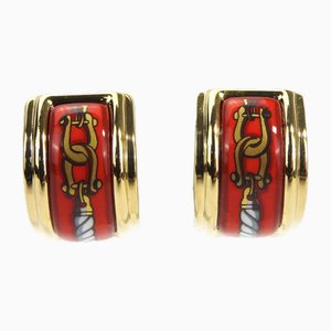 Rote Cloisonne Emaille & Vergoldete Ohrringe von Hermes