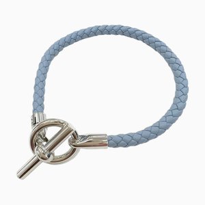 Bracelet en Cuir Grennan Série Bleue avec Raccord en Métal Argenté Tressé Mi T5 Taille Femme Homme de Hermes