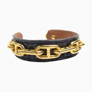 HERMES Bangle Bracelet Chaine d'Ancre Leather/Metal Navy/Gold Unisex