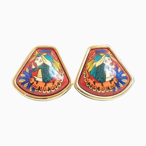 Boucles d'Oreilles Hermes en Métal Cloisonné en Émail Doré, Set de 2