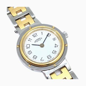 HERMES Clipper CL3.240 oro plata acero inoxidable GP esfera blanca reloj fecha señoras
