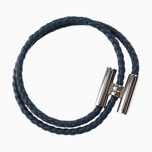 Tournis Tresse Armband Leder Navy Silber Hardware Geflochtene Doppelte von Hermes