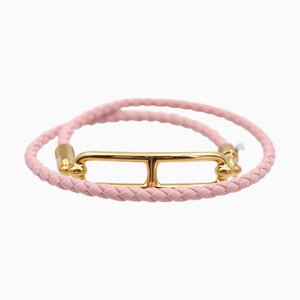 Bracelet HERMES Luli Taille T2 Cuir Métal Or Rose Chaine d'Ancle Double Tour Tressé