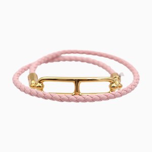 HERMES Luli Bracelet Size T2 Leather Metal Pink Gold Chaine d'Ancle Double Tour Braided