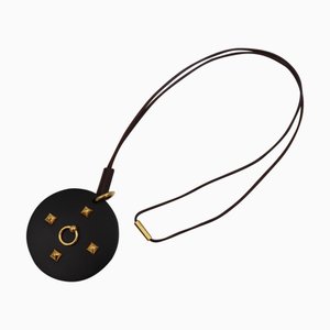HERMES Medor Collie de Cyan Necklace Wood Leather Black Brown Gold Metal Fittings Round Pendant