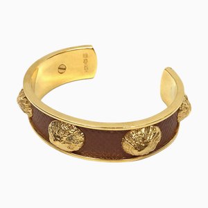 HERMES Leather Bracelet Bangle Cuff x Brass Seashell Shell Motif Gold Brown