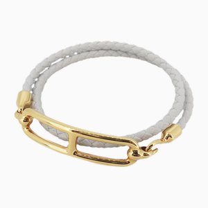 Weißes Luli Double Tour Armband aus plattiertem Leder & Gold von Hermes