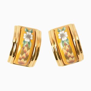 Hermes Earrings Enamel Cloisonne Flower Motif Yellow Gold, Set of 2