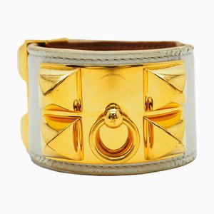 Bracciale HERMES Collier Dosian P inciso bianco x borchie in pelle oro