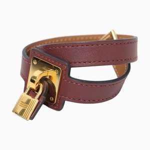 HERMES Bracelet Jonc Cuir Cadena O'Kelly Z Gravé Rouge Marron T2 Made in France Accessoires Bijoux