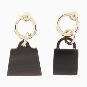 Hermes Amulet Buffalo Horn X Gold Plated Brown Ladies Earrings, Set of 2