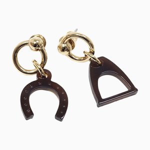 Hermes Earrings Amulet Buffalo Horn Lacquer Horseshoe Stirrup Brown, Set of 2