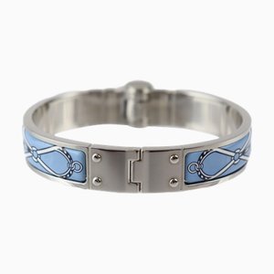HERMES Charniere PM Bracelet Metal Cloisonne Silver Light Blue Bangle