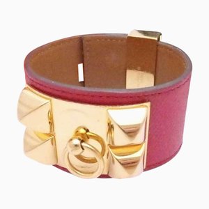 HERMES bracelet Collierd cyan red leather x gold metal fittings