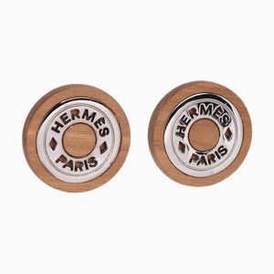 Boucles d'Oreilles Hermes Serie Wood X Metal Marron/Argent Femme, Set de 2