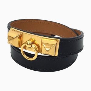 Bracelet en cuir HERMES COLLIER DE CHIEN Collier de Chien Double Tour S Taille Noir x Or Estampillé T 2 Rangs aq9419