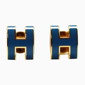 Hermes Lacquer Metal/Gp Mini Pop Ash Earrings H608002F79 Gold/Blue Jean Ladies, Set of 2