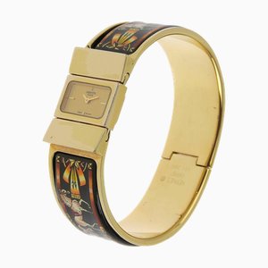 HERMES location L01.210 reloj analógico de cuarzo negro chapado en oro para mujer con esfera dorada