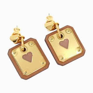 Hermes Earrings Ace Of Heart As De Coeur Swift Leather Gold Brown Y Engraved Playing Cards Women'S Convenient T3895, Set of 2