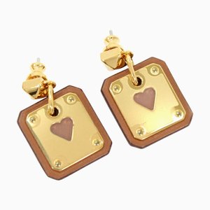 Orecchini Hermes Ace Of Heart As De Coeur Swift Leather Gold Brown Y Carte da gioco incise da donna Conveniente T3895, set di 2