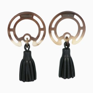 Hermes Trotter Earrings Buffalo Horn X Lambskin Black/Gray Ladies, Set of 2