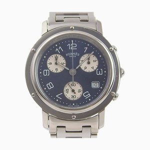 HERMES Clipper Watch CL1.910 Edelstahl Swiss Made Silber Quarz Chronograph Marineblaues Zifferblatt Herren