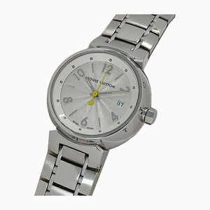 Reloj Tambour Date de cuarzo Qz redondo plateado de acero inoxidable de Louis Vuitton