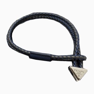 Navy, Gray & Silver Leather & Metal Bracelet from Prada