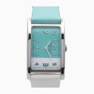Reloj con correa de cuero y acero inoxidable East West de cuarzo azul de Tiffany & Co.