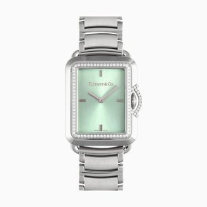 TIFFANY & Co T Smile Diamond Bezel Rectangle SS Reloj para mujer Cuarzo Esfera azul 68483077500 Limited