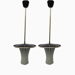 Lampes à Suspension Blanches et Noires, Italie, 1950s, Set de 2