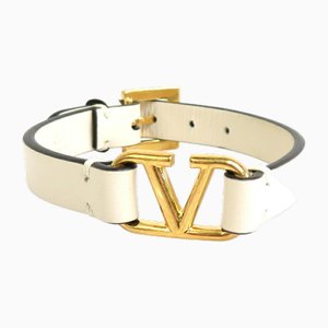 Garavani Leather, Metal & Beige Gold Bracelet in White from Valentino