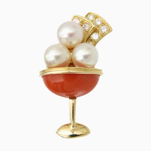 VAN CLEEF & ARPELS Parfait Diamond 0.15ct / K18YG Coral Pearl Brooch Red 0137Van