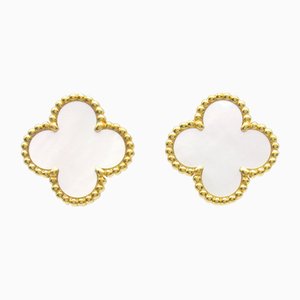 Vintage Alhambra Pierced Earrings Pierced Earrings in Gold & Mother of Pearl from Van Cleef & Arpels, Set of 2