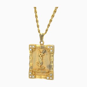 YVES SAINT LAURENT Necklace Gold GP YSL Rhinestone Jewelry Stone Square Long Chain Ladies Plated