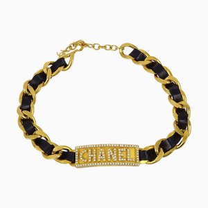 CHANEL * 1995 Black & Gold Logo Plate Choker 59990