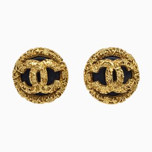 Chanel Boucles d'Oreilles Bouton Clip-On Doré Noir 93P 140310, Set de 2