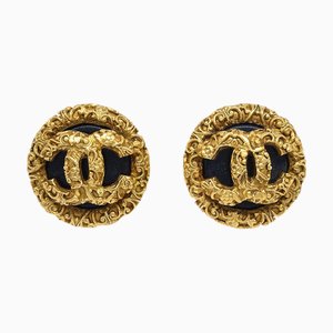 Chanel Button Earrings Clip-On Gold Black 93P 140310, Set of 2