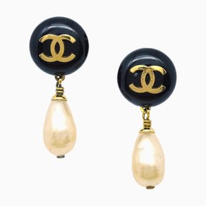 Chanel 1994 Black Cc Button & Faux Teardrop Pearl Dangle Earrings 28766, Set of 2