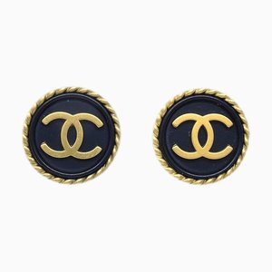 Chanel 1994 Boucles d'Oreilles Boutons "Cc" Dorées et Noires 151965, Set de 2