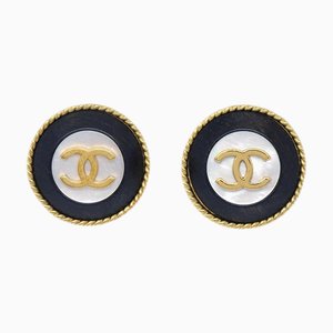 Chanel Button Earrings Clip-On Gold Black 93A 121353, Set of 2