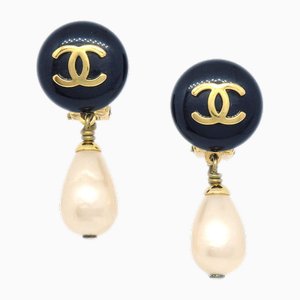 Black CC Button and Faux Teardrop Pearl Dangle Earrings from Chanel, Set of 2