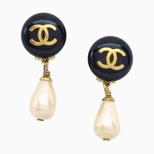 Boucles d'Oreilles Pendantes Noires et Perles en Fausse Larme de Chanel, 1995, Set de 2