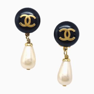 Chanel 1995 Black Cc Button & Faux Teardrop Pearl Dangle Earrings 97503, Set of 2