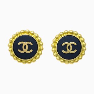 Chanel Button Earrings Gold Clip-On Black 95P 122628, Set of 2